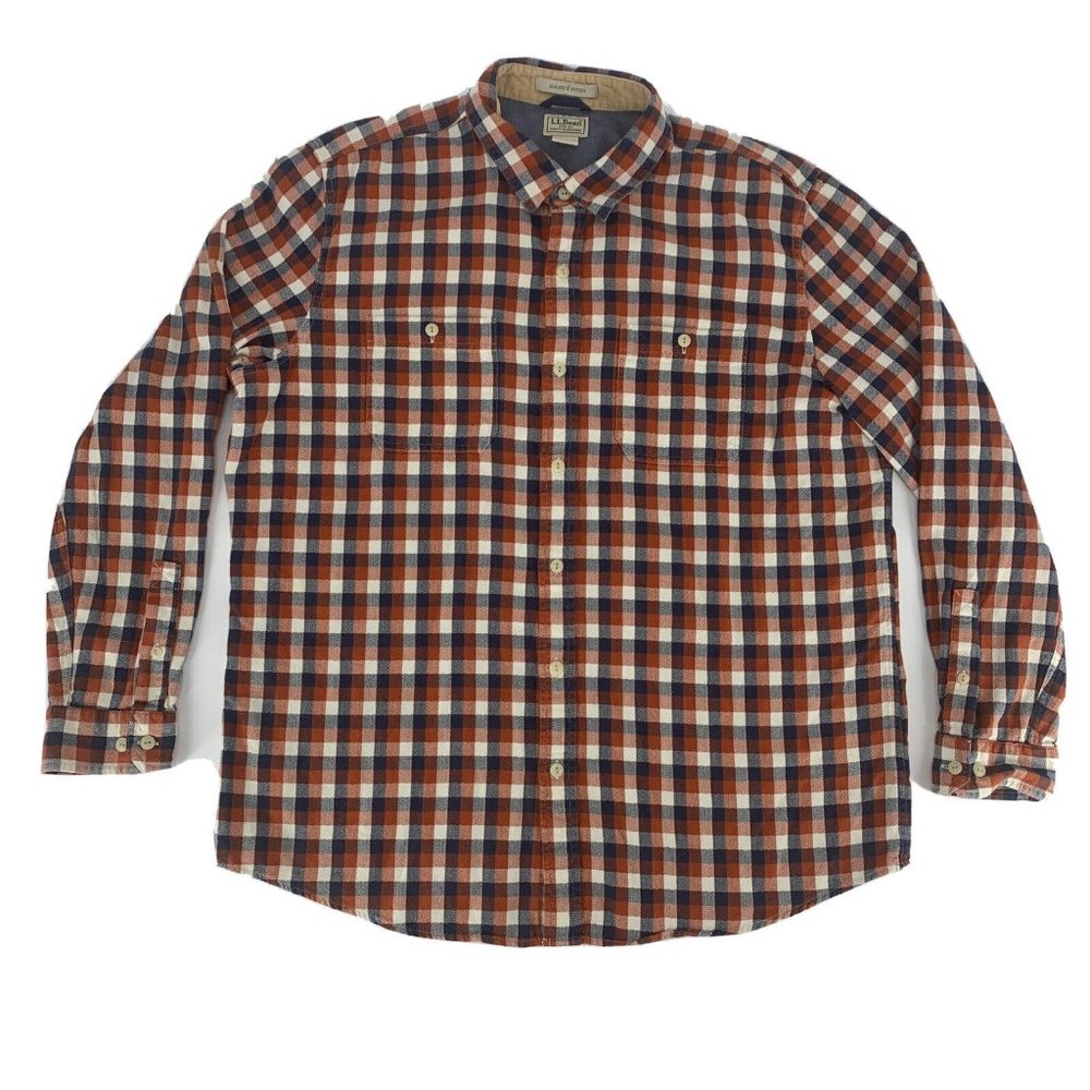 Men LL Bean Slightly Fitted Long Sleeve Flannel Shirt Orange/White/Blue Check XL
